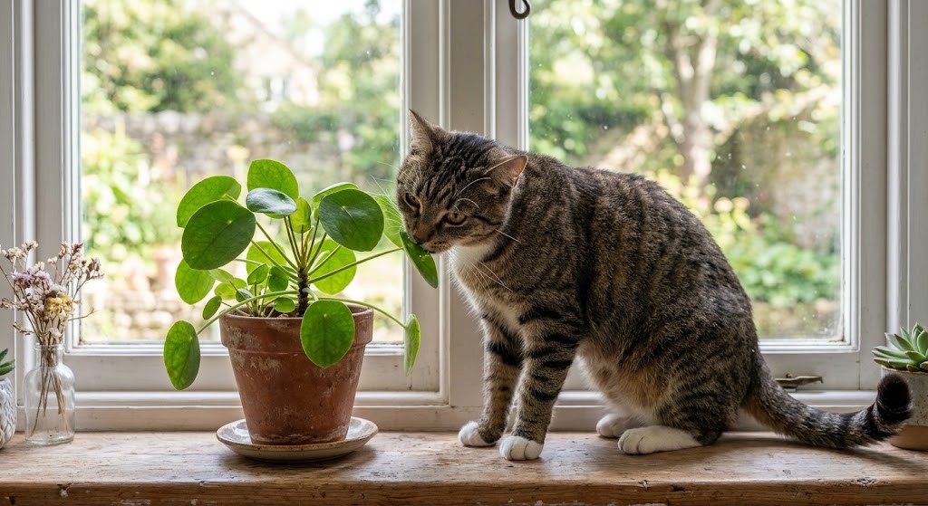 Tabby cat on a sunlit windowsill leaning in towards the leaves of a potted houseplant