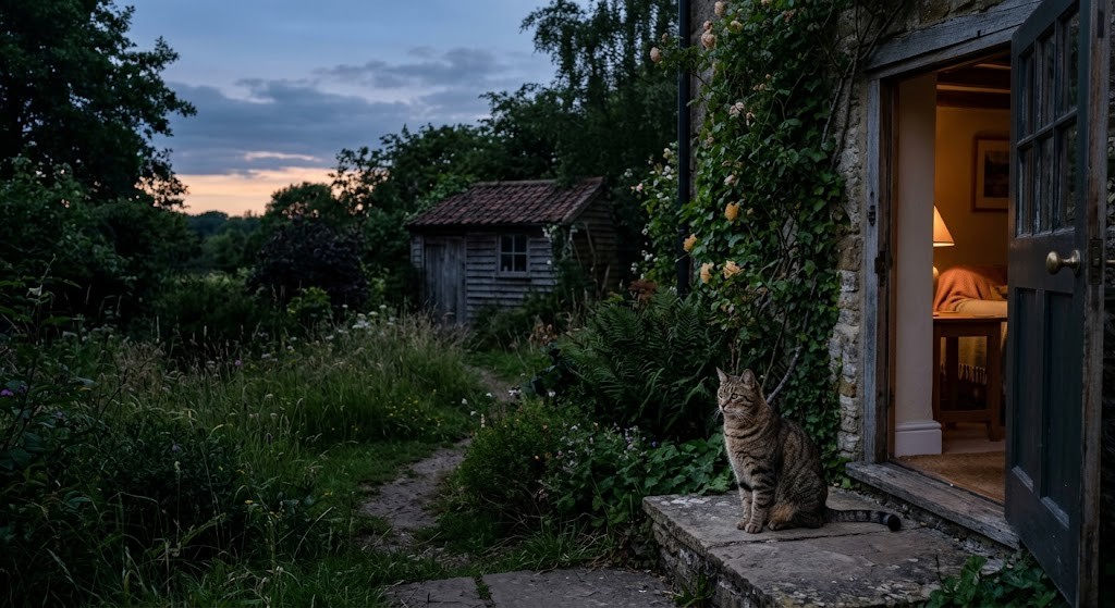 Tabby cat sitting alert on a cottage doorstep at dusk, looking out over an overgrown garden with a shed