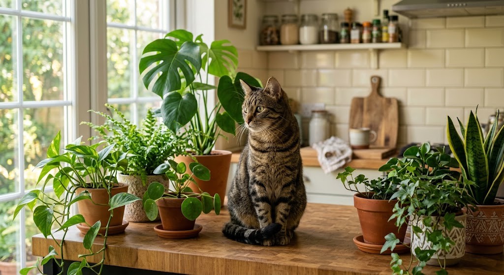 Alert tabby cat sitting on a sunlit kitchen worktop surrounded by potted houseplants