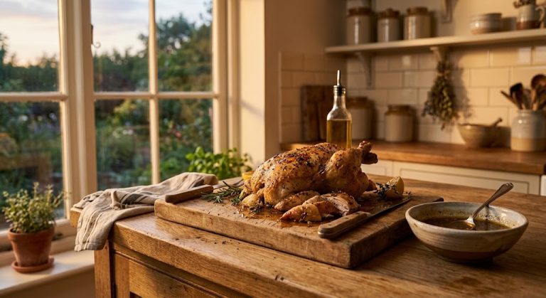 Roast chicken resting on a wooden carving board on a farmhouse kitchen worktop with a bowl of pan drippings beside it in warm evening light