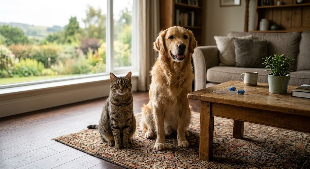 Tabby cat and golden retriever sitting side by side on a living room rug, with spot-on pipette tubes on the coffee table beside them