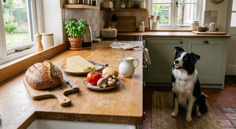 Kitchen worktop laid out with bread, cheese, tomato, potato, mushrooms and a jug of milk, with a border collie sitting on the floor beside it