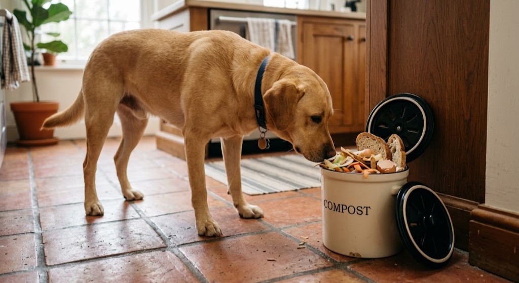Labrador sniffing at an open kitchen compost caddy filled with vegetable peelings and stale bread on a tiled floor