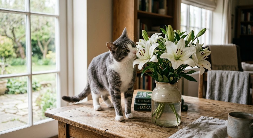 Grey and white cat sniffing a vase of white lilies on a wooden table in soft daylight