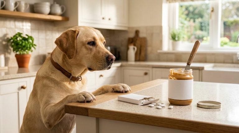 Yellow Labrador with its paws on a kitchen counter beside an open pack of sugar-free gum and a jar of peanut butter