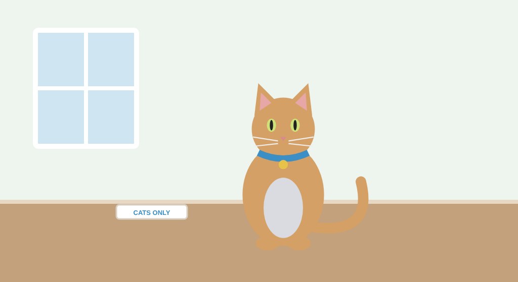 Flat illustration of a cat wearing a flea collar with a cats only label