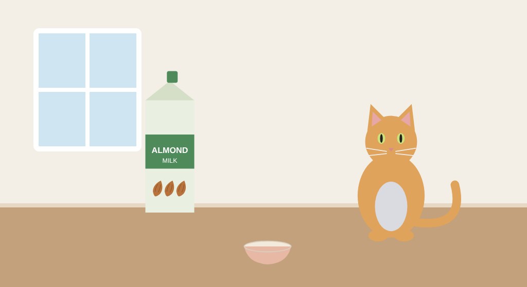 Illustrated orange cat sitting near an almond milk carton and a small saucer