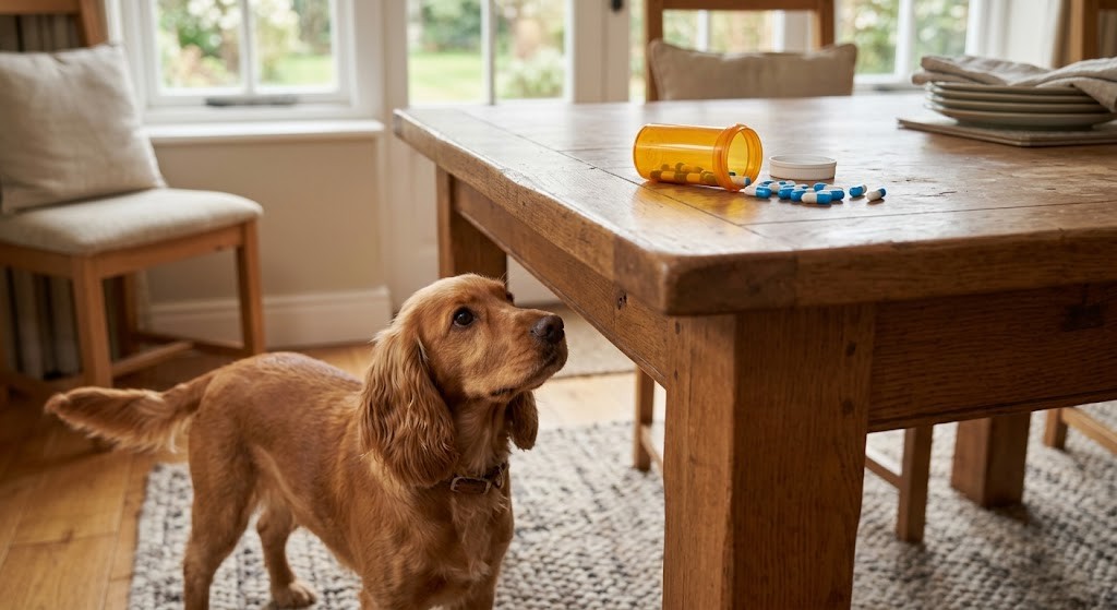 Unlabelled amber pill bottle tipped over on a dining table with blue and white capsules scattered beside it and a spaniel looking up from the floor
