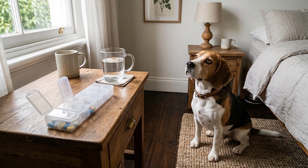 Open weekly pill organiser and a glass of water on a bedside table with a beagle sitting on the bedroom floor beside it