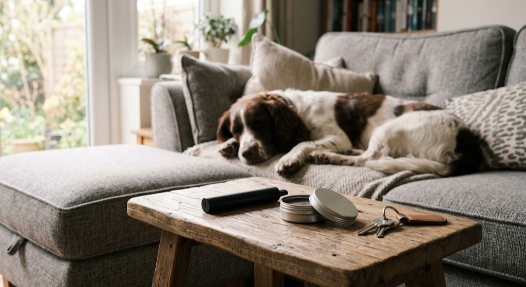 Unbranded vape device and an open round tin on a living room coffee table with a spaniel resting on the sofa behind