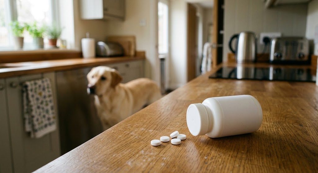 Unlabelled white pill bottle tipped over on a kitchen worktop with white tablets spilled beside it and a labrador watching from the background