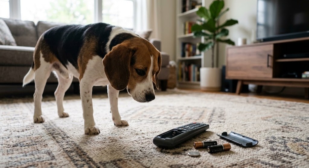 Beagle sniffing an open TV remote and loose AA and button batteries scattered on a living room rug