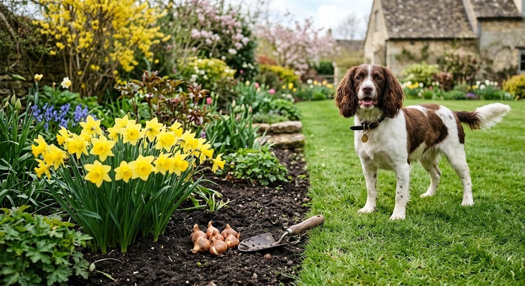 Spring garden bed of yellow daffodils with loose bulbs and a trowel on the soil, and a spaniel standing on the lawn nearby