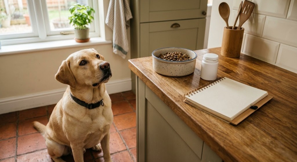 Labrador sitting by a kitchen worktop holding a food bowl, an unlabelled tub of tablets and a blank notepad
