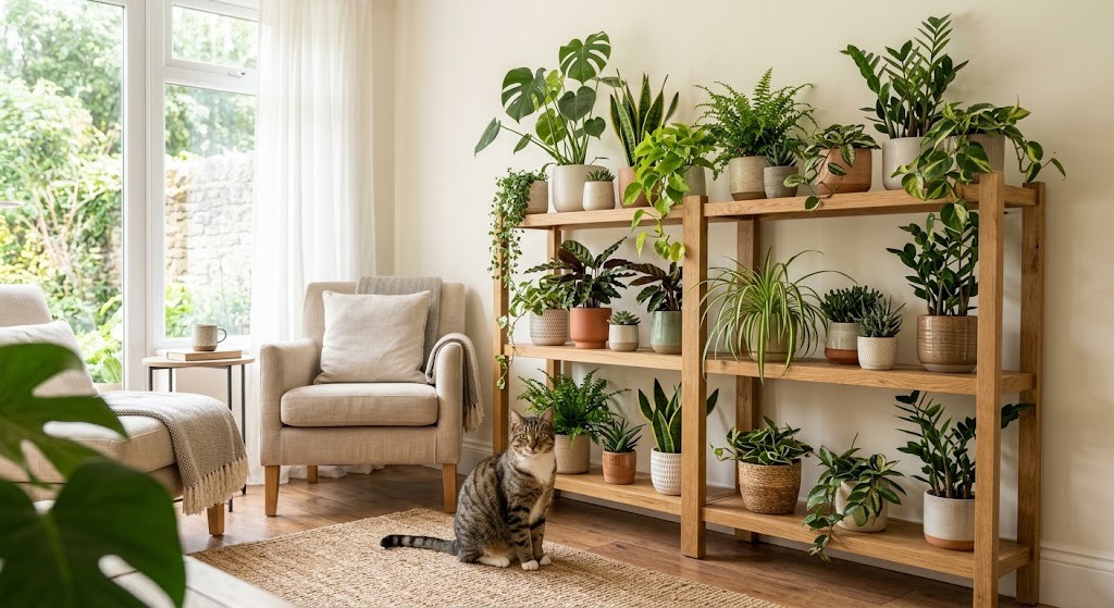 Shelving unit filled with many different potted houseplants in a sunlit living room with a tabby cat sitting in front