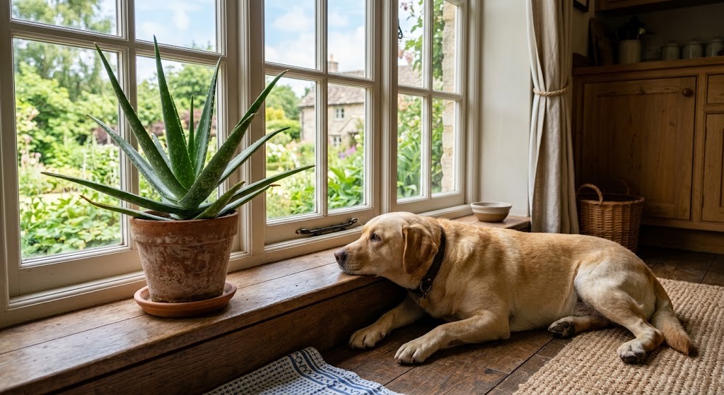 Potted aloe vera plant on a sunlit kitchen windowsill with a yellow labrador lying on the floor below