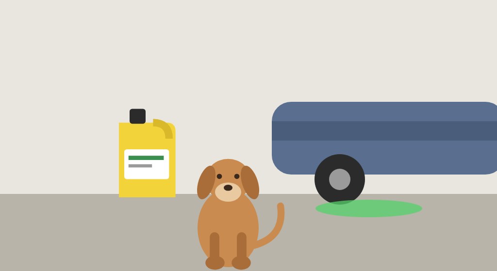 Flat illustration of a dog near an antifreeze jug and a green puddle under a car