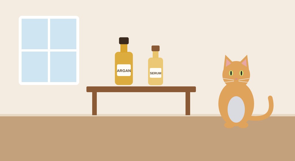 Flat illustration of an orange cat near bottles of argan oil and hair serum on a side table