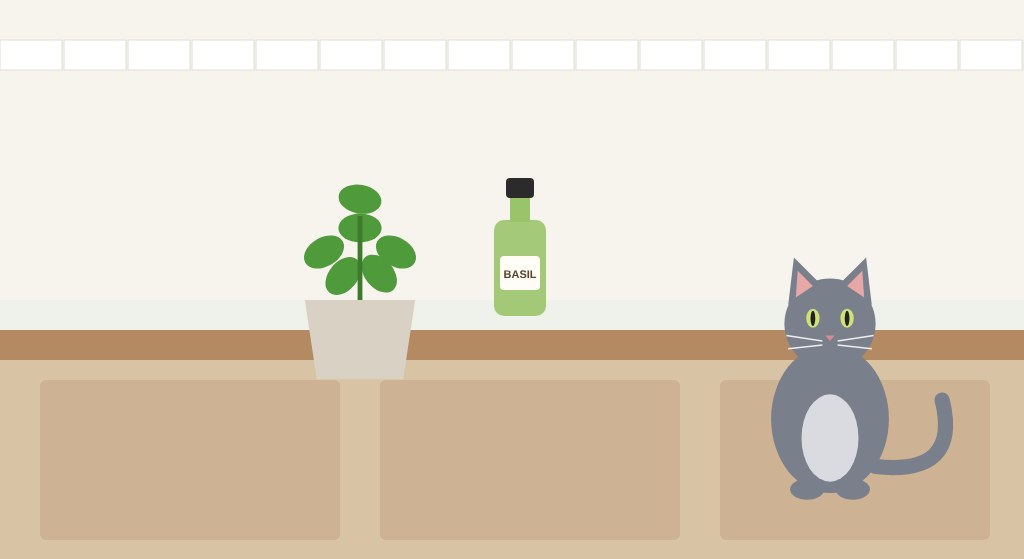 Flat illustration of a grey cat near a basil plant and a bottle of basil oil