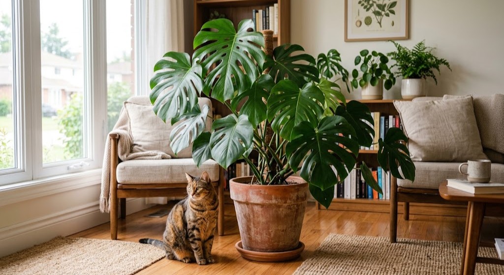 Large potted Monstera deliciosa with split fenestrated leaves in a sunlit living room, with a tabby cat sitting beside the pot