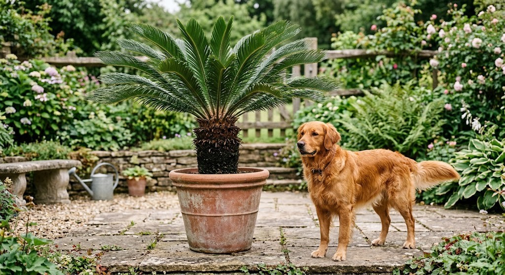 Potted sago palm cycad on a garden patio with a golden retriever standing beside it