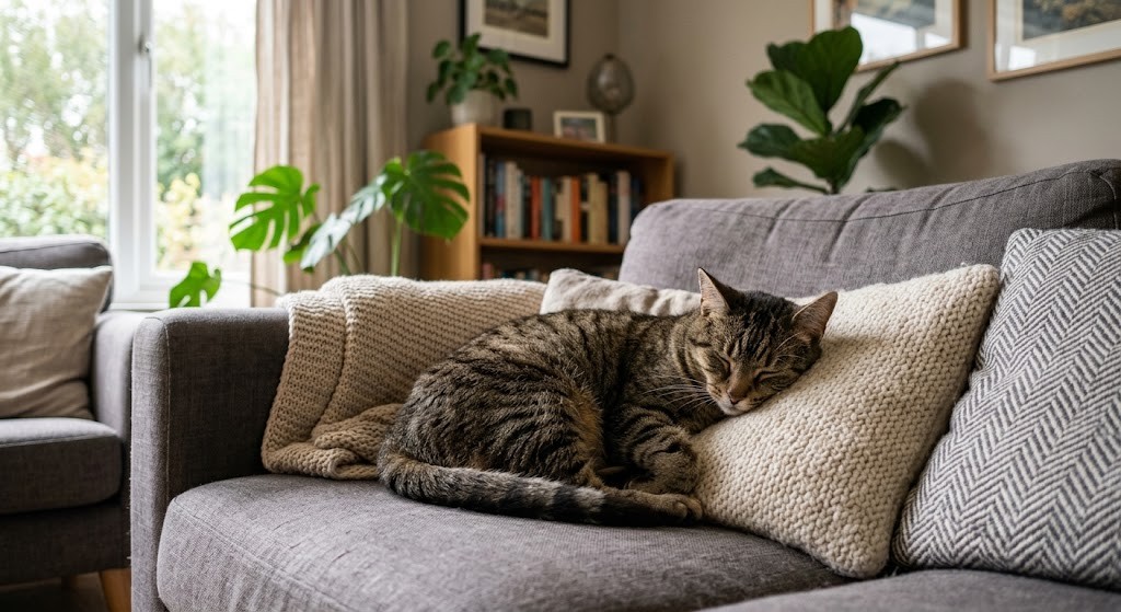 Tabby cat curled up quietly on a sofa cushion in a softly lit living room